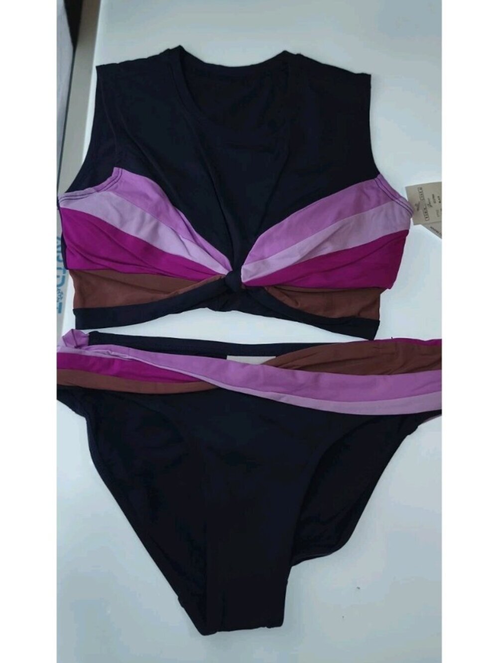 NWT Robin Piccone Bikini Set M Navy Colorblock Twist Knot Bralette Top and Botto